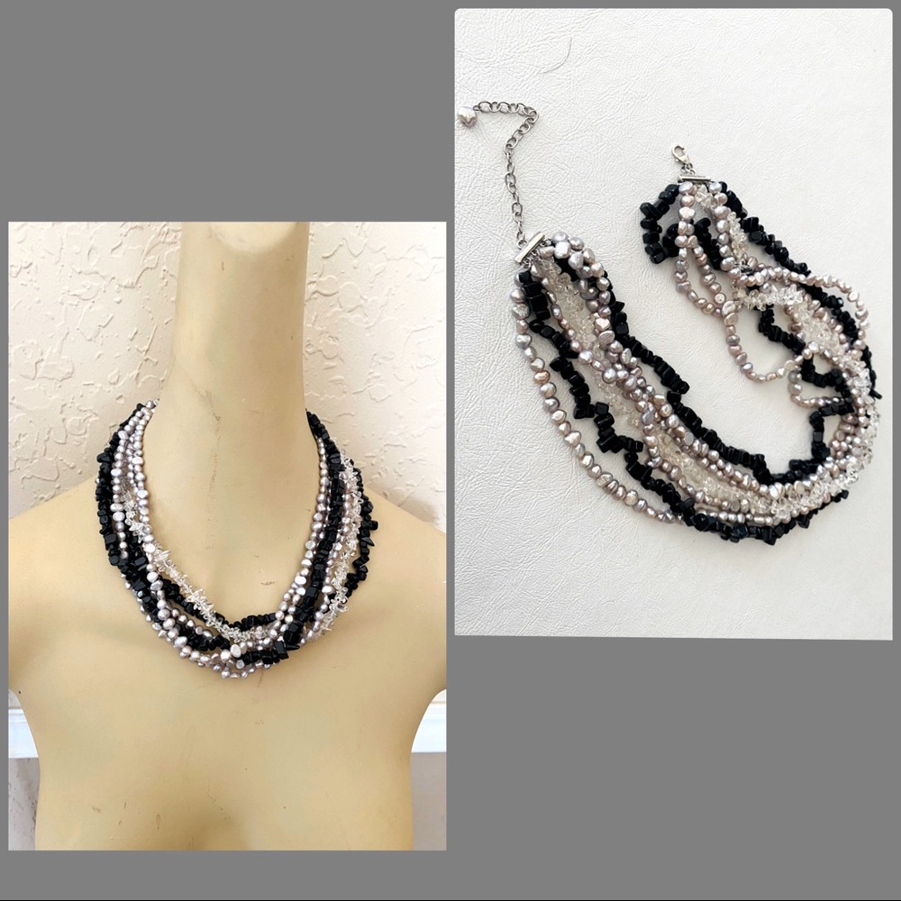 RS Genuine 7 Strand Quartz Pearls Onyx Necklace